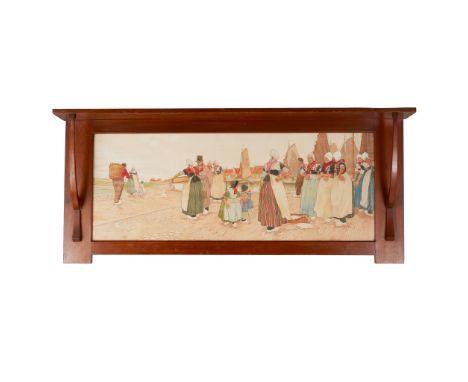 LIBERTY &amp; CO., LONDON 'THE LEYDEN' WALL BRACKET, CIRCA 1910 walnut, inset with print by Henri Cassiers, glazed(122cm wide