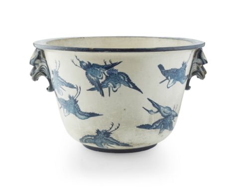 MANNER OF CHRISTOPHER DRESSER LARGE AESTHETIC MOVEMENT JARDINIÈRE, CIRCA 1890 painted and glazed ceramic(60cm diameter, 37cm 
