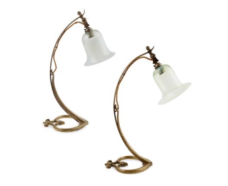 MANNER OF W.A.S. BENSON PAIR OF ARTS &amp; CRAFTS TABLE LAMPS, CIRCA 1900 brass, with associated opalescent glass shades by J