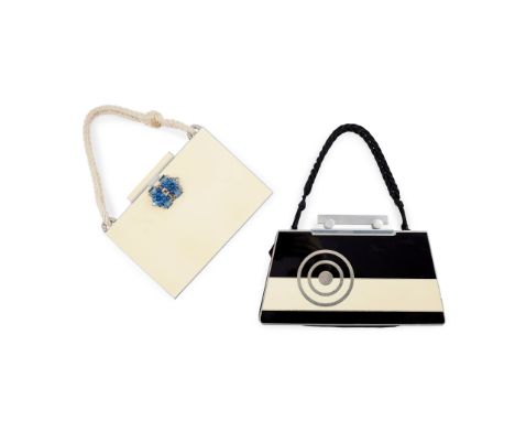 FRENCH TWO ART DECO HANDBAG/ COMPACTS, CIRCA 1930 enamelled metal, polished brass, corded cotton, fabric, mirrored glass, pas