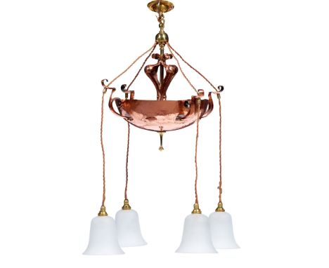 ENGLISH ARTS &amp; CRAFTS CEILING LIGHT, CIRCA 1900 copper with three frosted glass shades(45cm diameter, 75cm high)