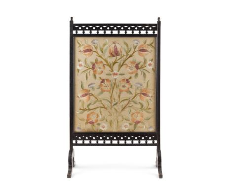 ENGLISH ARTS &amp; CRAFTS EMBROIDERED FIRESCREEN, CIRCA 1900 coloured silks, stained oak frame, glazed(panel 59cm x 50cm)