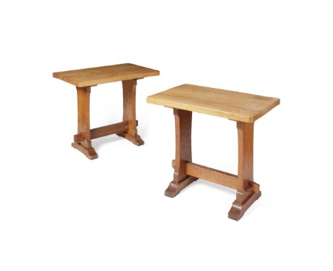 MANNER OF ROBERT 'MOUSEMAN' THOMPSON TWO ARTS &amp; CRAFTS SIDE TABLES, CIRCA 1930 oak(81cm wide, 74cm high, 45cm deep and 86