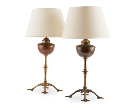 W. A. S. BENSON (1854-1924) PAIR OF ARTS &amp; CRAFTS TABLE LAMPS, CIRCA 1900 copper and brass, one stamped BENSON(43cm high 