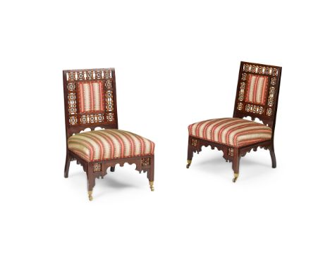 JACKSON &amp; GRAHAM (ATTRIBUTED MAKERS) PAIR OF ANGLO-MORESQUE SIDE CHAIRS, CIRCA 1890 mahogany, with later close-nailed uph