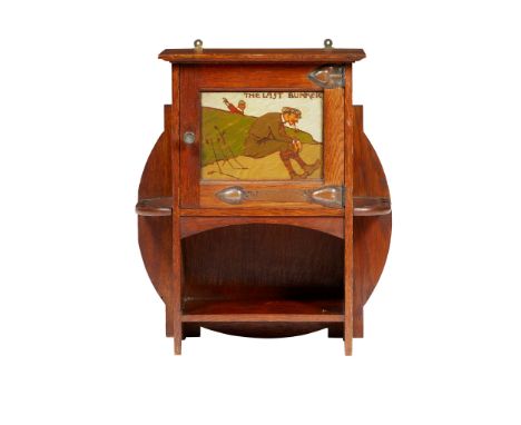 SHAPLAND &amp; PETTER, BARNSTAPLE SMOKER'S CABINET, CIRCA 1900 oak, stencilled and polychrome painted panel, inscribed THE LA