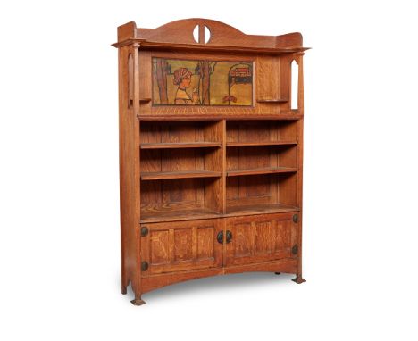 SHAPLAND &amp; PETTER, BARNSTAPLE ARTS &amp; CRAFTS OPEN BOOKCASE, CIRCA 1910 oak, with a decorative panel, inscribed MY LADI