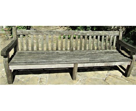 Good quality weathered teak park bench, 240cm long 