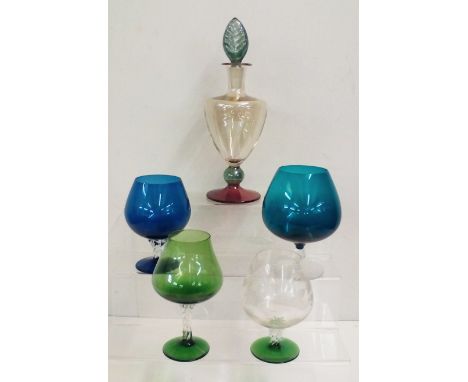 Glass decanter together with four coloured brand snifters