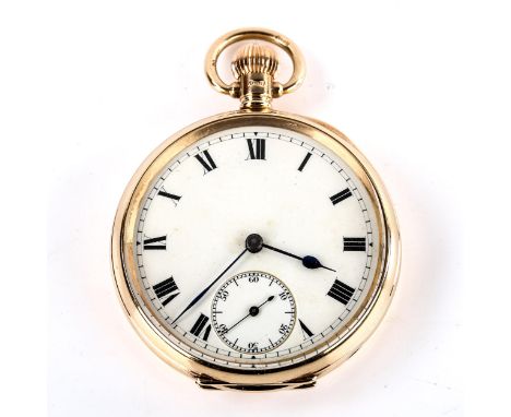 An early 20th century 9ct gold open-face and keyless-wind pocket watch, white enamel dial with Roman numeral hour markers, su