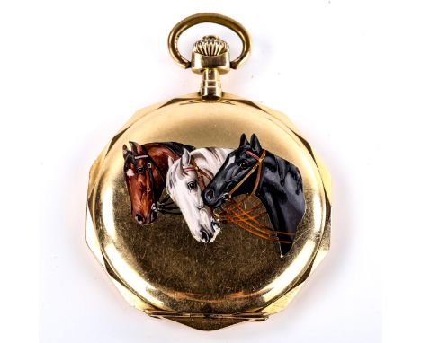 An Art Deco Continental 14ct gold enamel horses full hunter pocket watch, dodecagonal form, the front cover decorated with th