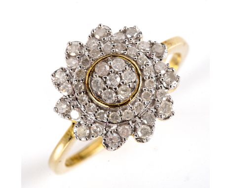 A modern 9ct gold diamond cluster flowerhead ring, set with single-cut diamonds, total diamond content approx 0.5ct, setting 