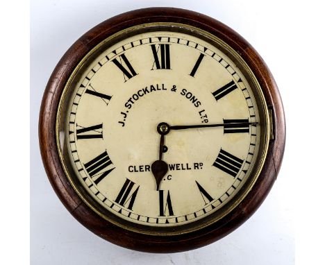 A 19th century oak-cased 30-hour circular dial wall clock, by J J Stockall & Sons Ltd of Clerkenwell Road, white painted dial