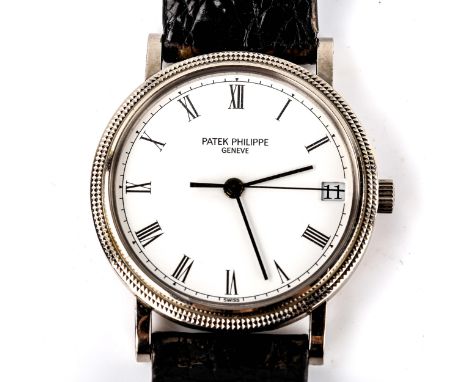 PATEK PHILIPPE - an 18ct white gold 'Hobnail' Calatrava automatic wristwatch, ref. 3802/200, white dial with Roman numeral ho