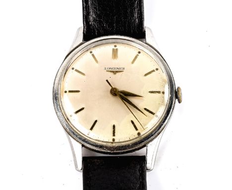 LONGINES - a Vintage stainless steel mechanical wristwatch, ref. 6995-1, circa 1960s, silvered dial with gilt arrowhead hour 
