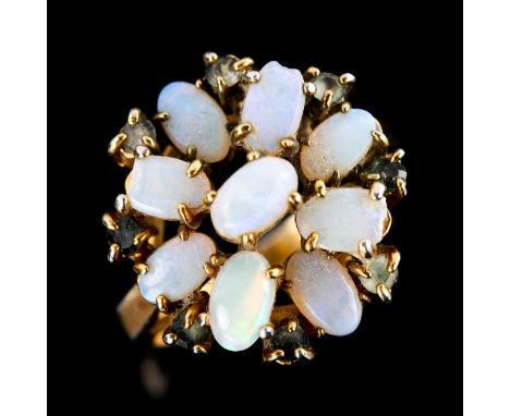 A late 20th century gold plated opal and paste cluster flowerhead dress ring, set with oval cabochon opals, setting height 16