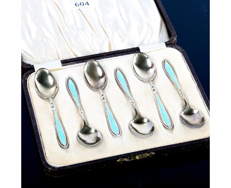 A set of 6 George V Art Deco silver-gilt teal enamel teaspoons, by Docker & Burn Ltd, hallmarks Birmingham 1929, length 11cm,