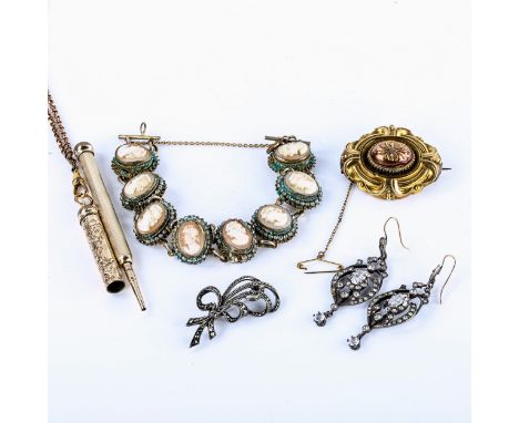 Various Antique jewellery, including Pinchbeck Etruscan bombe brooch, propelling pencil on gold plated faceted long guard cha