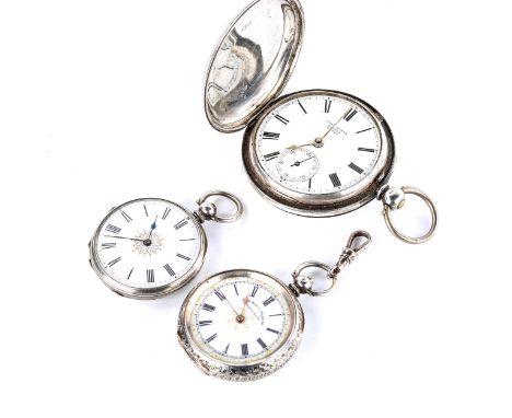 3 silver-cased key-wind pocket watches, including full hunter example by John Myers, both small watches working (3)Lot sold a