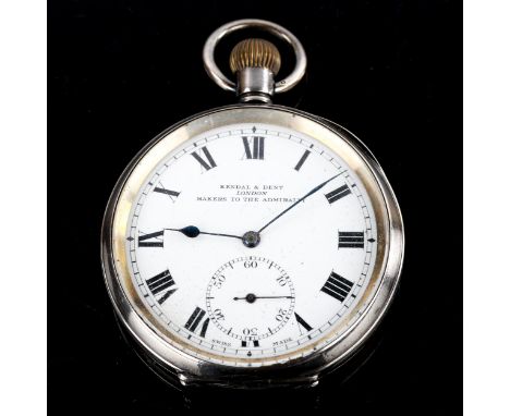 An early 20th century silver-cased open-face keyless-wind pocket watch, by Kendal & Dent of London, white enamel dial with Ro