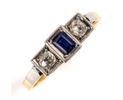 An Art Deco 18ct gold 3-stone sapphire and diamond ring, platinum top settings with rectangular step-cut sapphire and old-cut