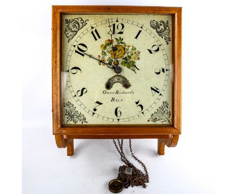 A 19th century light oak-cased wall hanging clock, by Owen Richards of Bala, hand painted enamel dial with Arabic numerals an