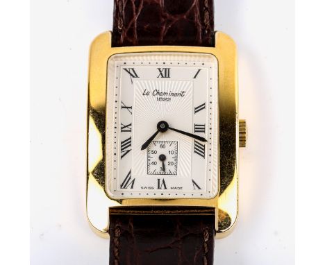 LE CHEMINANT - a modern gold plated stainless steel mechanical wristwatch, rectangular silvered dial with Roman numerals, sub