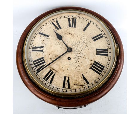 A 19th century mahogany-cased 30-hour circular dial wall clock, white painted dial with Roman numeral hour markers, dial diam