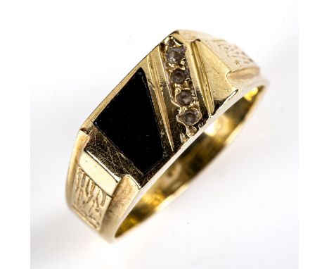 A late 20th century 14ct gold black onyx and cubic zirconia signet ring, setting height 8.4mm, size U, 5.1gNo damage or repai