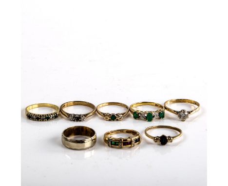 8 x 9ct gold gem set dress rings, sizes J x 2, K, L, M x 2, N and P, 15g total (8)3-stone diamond ring is missing central sto