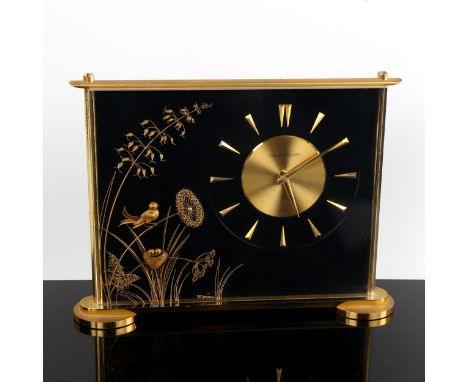 JAEGER LECOULTRE - a brass-cased Marina 8-day mantel clock, gilt dial with arrowhead hour markers, birds and nest design, cas