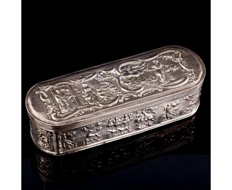 A 19th century Dutch silver tobacco box, allover relief embossed village and hunting scenes, length 16cm, height 4cm, 5.8ozGo