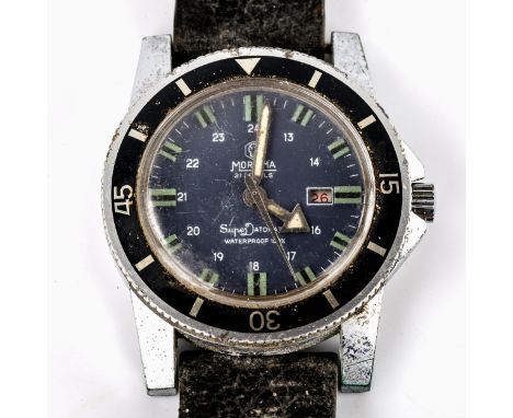 MORTIMA - a Vintage stainless steel Superdatomatic mechanical wristwatch, blue dial with luminous baton hour markers, luminou