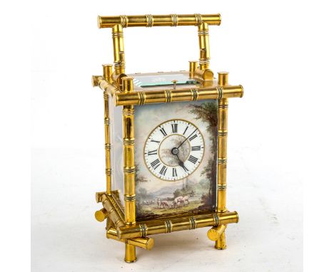 A 19th century brass-cased repeating carriage clock, hand painted farmyard enamel dial with Roman numeral hour markers, blued