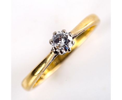 A mid-20th century 18ct gold 0.2ct solitaire diamond ring, plain 8-claw setting with modern round brilliant-cut diamond, colo