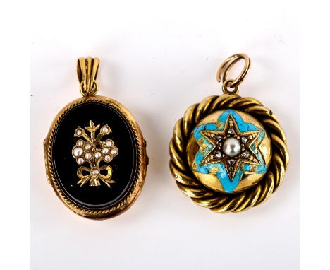2 Victorian memorial pendant lockets, including pearl diamond and blue enamel star bombe example, unmarked settings test as 9