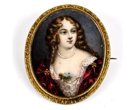 A Georgian double-sided hand painted miniature portrait brooch, in gilt-metal frame, brooch height 62.7mm, 21.3gNo damage, br