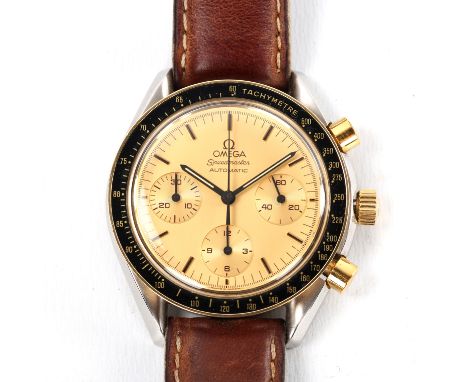 OMEGA - a bi-metal Speedmaster Reduced automatic chronograph wristwatch, ref. 175.0032, circa 1990, champagne dial with gilt 