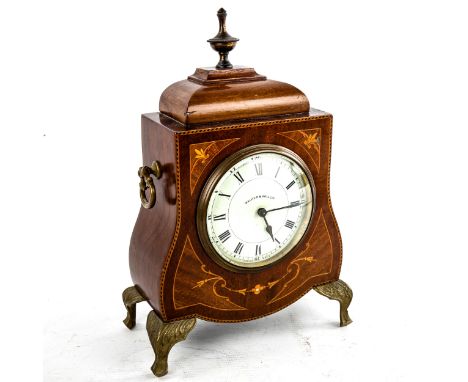 An Edwardian inlaid shaped mahogany mantel clock, by Walker & Hall Ltd, white enamel dial with Roman numeral hour markers, ba