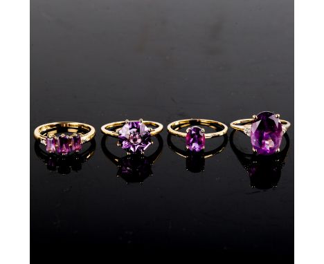 4 x modern 9ct gold amethyst dress rings, sizes M, and N x 3, 8.7g total (4)No obvious damage, smallest ring slightly worn on