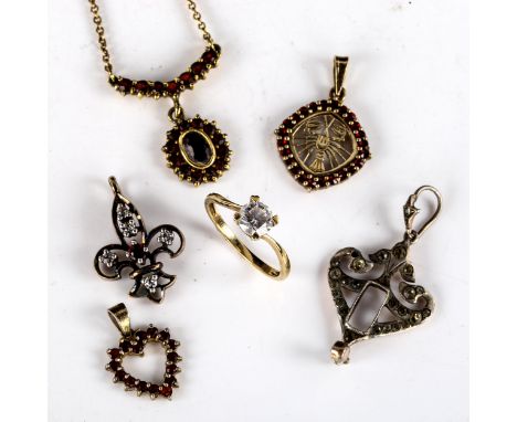 Various jewellery, including 8ct gold cubic zirconia dress ring, sterling silver-gilt fleur de lis pendant, garnet pendant et