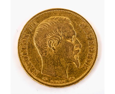 A Napoleon III 1859 French Empire 20 francs gold coin, diameter 21.3mm, 6.3gGeneral surface wear and light abrasions all over