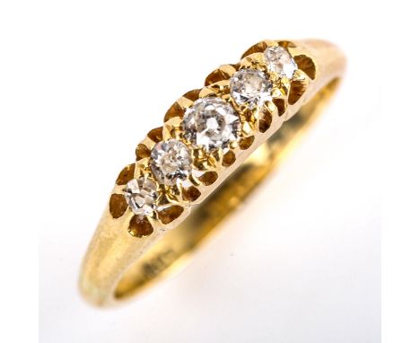 An early 20th century 18ct gold graduated 5-stone diamond half hoop ring, set with old-cut diamonds, total diamond content ap