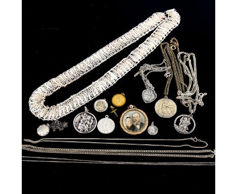 Various jewellery, including silver St Christopher pendants, Continental unmarked white metal filigree necklace etcLot sold a