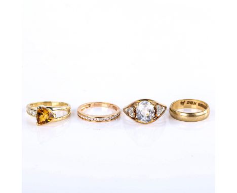 4 x 9ct gold stone set rings, sizes K, L, and N x 2, 9.8g total (4)No damage or repairs, all stones present, settings lightly