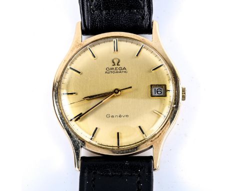 OMEGA -a Vintage 9ct gold Geneve automatic wristwatch, ref. 161/25421, circa 1971, champagne dial with gilt baton hour marker