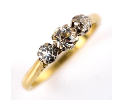 A mid-20th century 18ct gold 3-stone diamond ring, set with old European-cut diamonds, total diamond content approx 0.5ct, se