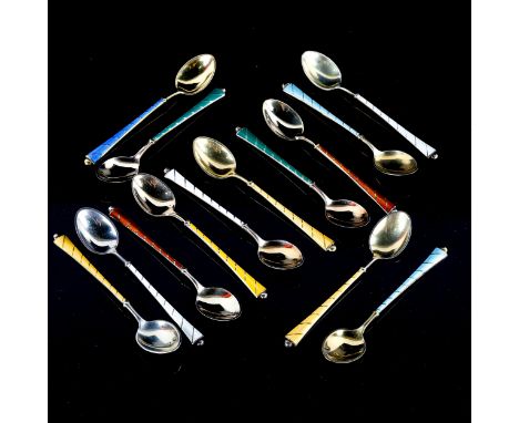 EGON LAURIDSEN - 14 Danish vermeil sterling silver and harlequin enamel coffee spoons, length 9.5cm (14)Only 1 yellow enamel 