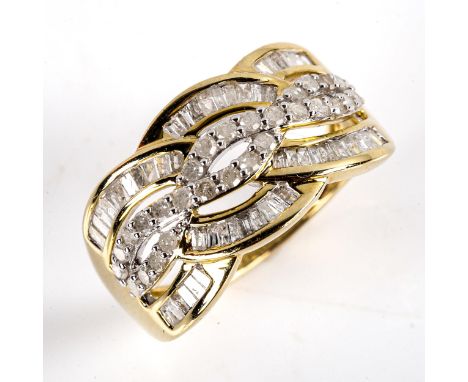 A modern 9ct gold diamond cluster dress ring, set with baguette and single-cut diamonds, 11.5mm, size N, 3.9gNo damage or rep