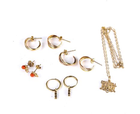 Various gold jewellery, including 2 pairs of 3-colour 9ct gold hoop earrings etc, 3.7g totalLot sold as seen unless specific 